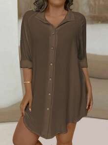 EMERY ROSE Plus Size Women's Casual Solid Color Button-Down Long Shirt Fall - Coffee Brown - View 3