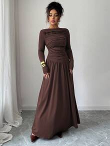 Elenzga Women's Milk Silk Knitted Elastic Off Shoulder Pleated Front Waist A-Line Loose Long Sleeve Maxi Dress, Elegant French Romantic Style Suitable For Office, Casual, Party, Autumn/Winter - Chocolate Brown - View 7
