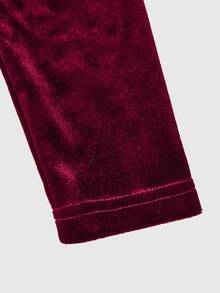 SHEIN Elladie kids Tween Girls Velvet Burgundy Crew Neck Long Sleeve Dress + Embellished Hem Design, Suitable For Autumn/Winter - Burgundy - View 6