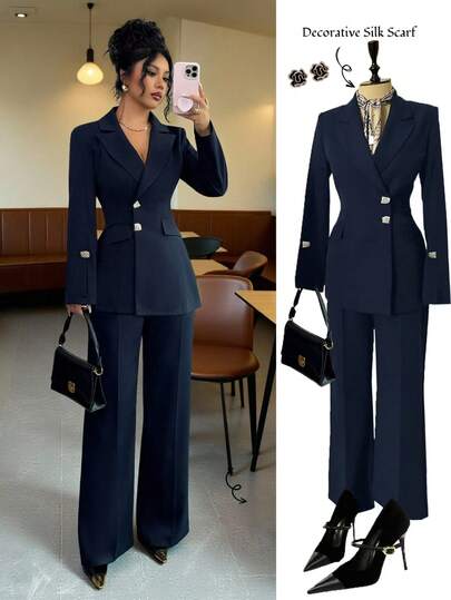 Selianne Women's Solid Color Lapel NeckLong Sleeve Jacket And Wide-Leg Pants Elegant Suit Set