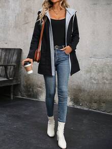 SHEIN Tall Women's Thermal Lined 2 In 1 Jacket,Black Basic Casual Autumn Regular Jacket,Long Sleeve French Elegant Street Vintage Versatile Holiday Occasion - Multicolor - View 4