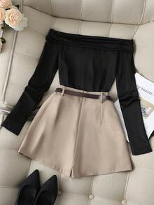 Franclia Casual Fashion Commuting Versatile Black One-Shoulder Long-Sleeved Off-The-Shoulder Top With Khaki Shorts Women's Culottes With Belt Spring And Autumn Women's Two-Piece Suits Women's Suit Pants Autumn Suit Two-Piece Women's Casual Suit Autumn Clothes Autumn Women's Clothing Women's Autumn Clothing Back To School Seasonwomen's Back To School Outfit
