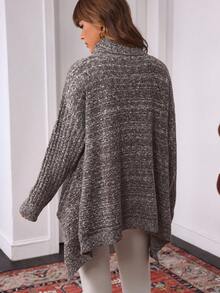 SHEIN LUNE Women's Solid Color High Neck Drop Shoulder Long Sleeve Casual Loose Knit Pullover Sweater - Coffee Brown - View 2