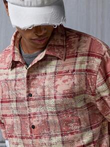 NEON BLANC Men's Plaid Shirt Spider Rhinestone Decorative Stitching Fake Two-Piece Shirt - Pink - View 5