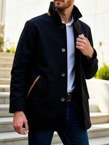 Manfinity Homme Men's Casual Solid Color Long Sleeve Overcoat, Versatile For Autumn/Winter - Black - View 1