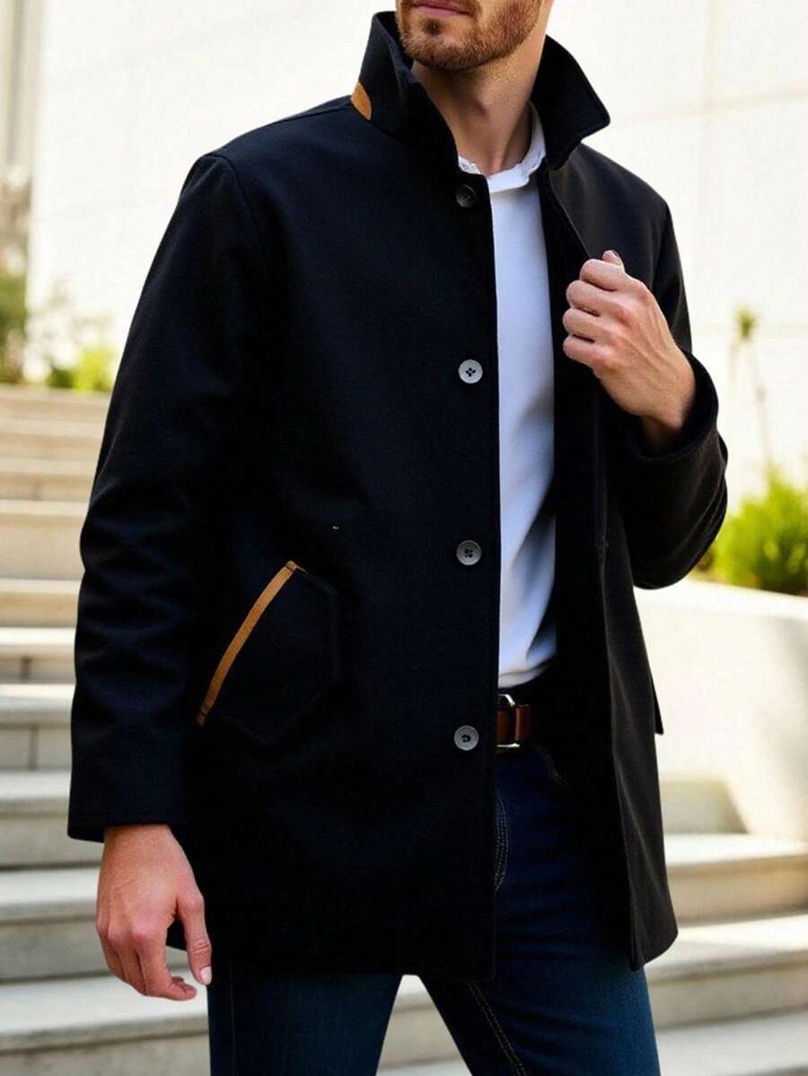 Manfinity Homme Men's Casual Solid Color Long Sleeve Overcoat, Versatile For Autumn/Winter - Black - View 1