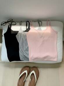 SHEIN 3pcs/Pack Tween Girls Casual Multicolor Knit Camisole Top, School, Campus, College - Pink - View 10