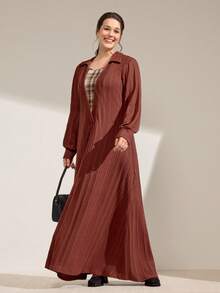 Momelise 大码女式秋冬抓绒拼接格子二合一休闲连衣裙 - 棕色 - 查看 6