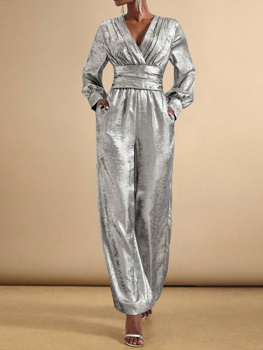 SHEIN Veneréa Women's Pleated Design Long Sleeve Cinched Waist Jumpsuit - Silver - View 1