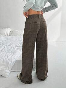 SHEIN Unity 1pc Women's Casual, Daily, Outdoor, Commute Plaid Low Waist Loose Pants, Daily Wear, Casual, Minimalist, Retro Fall Cloth For Women - Brown - View 2