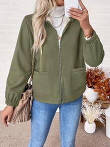 EMERY ROSE Women's Solid Color Casual Zip-Up Thermal Lined Long Sleeve Jacket, Autumn/Winter - Army Green - View 7