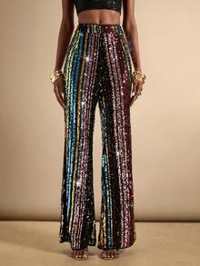 SHEIN Veneréa 女士彩色条纹亮片直筒宽松裤 - 彩色 - 查看 3