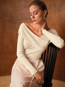 MOTF PREMIUM FRENCH ASYMMETRICAL CASUAL SHOULDER KNIT LONG SLEEVE SWEATER, FITTED BASE LAYER FOR AUTUMN/WINTER - Beige - View 5