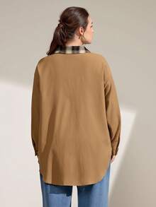 Momelise Plus Size Khaki Plaid Patchwork Blouse Wrinkle Resistant Woven Fabric Regular Length Shirt - Khaki - View 2