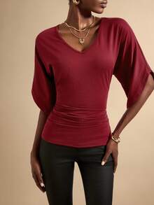 Vesra Women's Solid Color Casual Cinched Waist Fashionable Batwing Sleeve V-Neck Short Sleeve T-Shirt - Burgundy - View 6