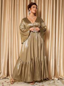 Cravure 加大码涂层亮色高端 V 领收腰喇叭袖修身派对连衣裙 - 金色 - 查看 7