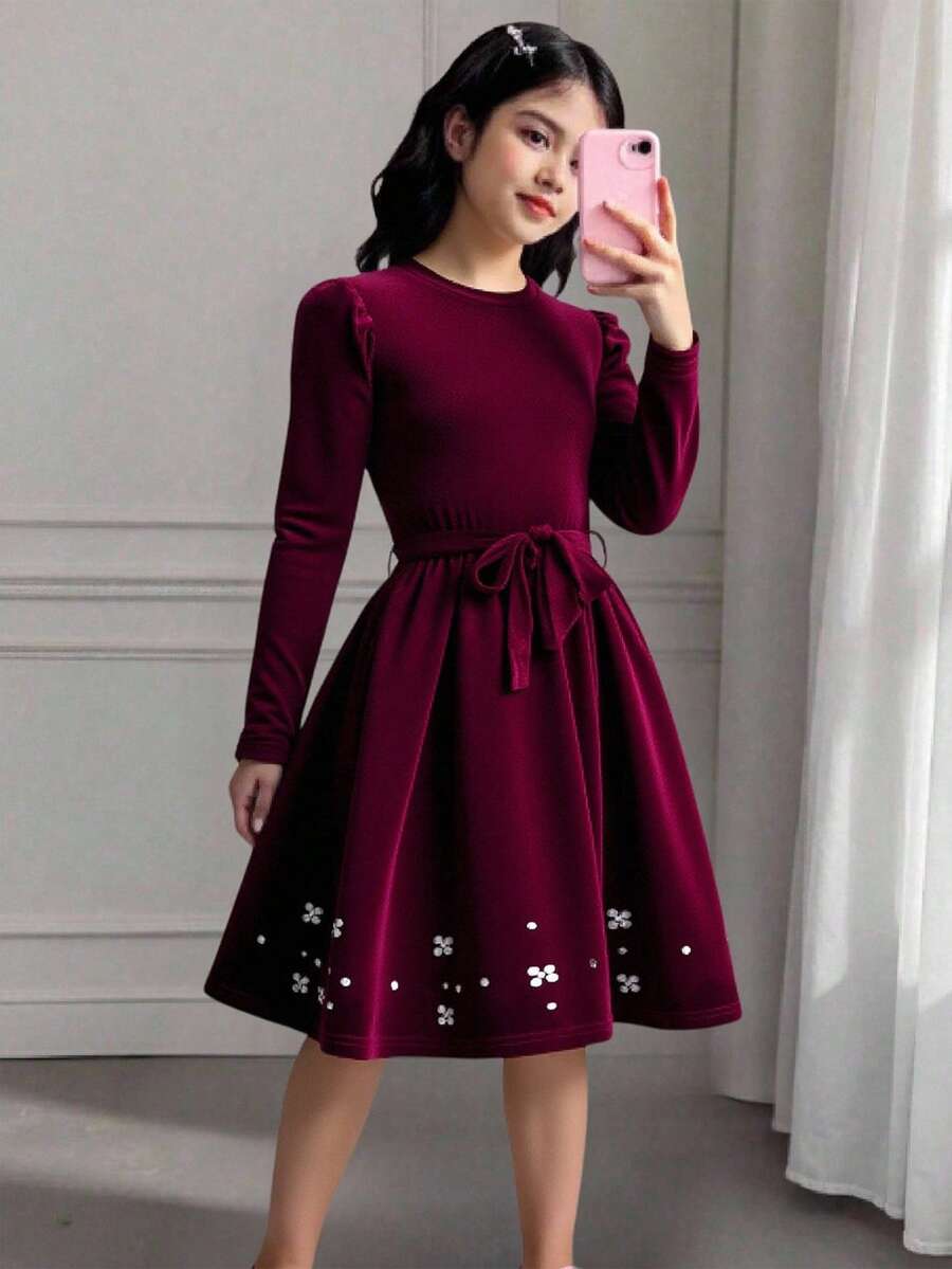 SHEIN Elladie kids Tween Girls Velvet Burgundy Crew Neck Long Sleeve Dress + Embellished Hem Design, Suitable For Autumn/Winter - Burgundy - View 1