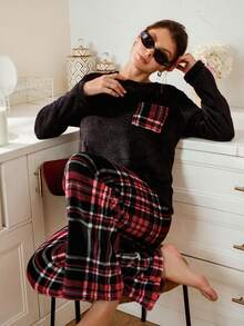 Lazeform Damen Karomuster Taschen Langarm Top & Lange Hose Kuschelige Flauschige Pyjama Kleidung Set, Herbst/Winter Damen Loungewear Sets Karierte Flauschige Pyjamas Damen, Weihnachten - Schwarz - Übersicht 4