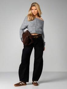 MISSGUIDED 露肩纽扣前部混色针织开衫，罗纹袖口 - 灰色 - 查看 3