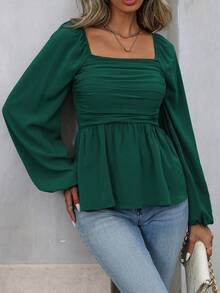 EMERY ROSE 女式纯色方领灯笼袖荷叶边下摆时尚衬衫 - 墨綠色 - 查看 5