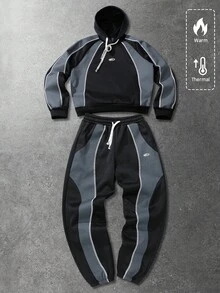 ROMWE MEN Prep Unisex American English Print Patchwork Hoodie Set, Casual Streetwear, Autumn/Winter - Black - View 3