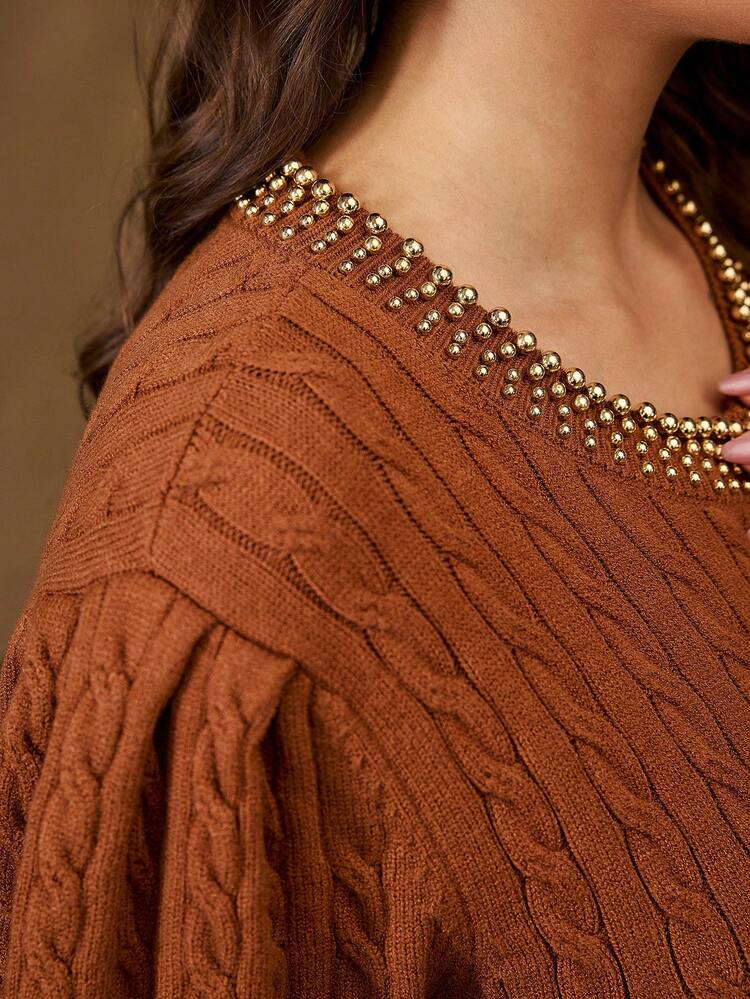 プラスサイズ レディース エレガントなリベットデコレーション バブルショートスリーブ ケーブルニットセーター