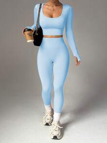 SHEIN Dewbera Seamless High Elasticity Cropped Long Sleeve Top And Leggings Sports Set Blue Two Piece Set - Baby Blue - View 3