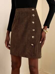 Vesra Women's Fashion Single Side Metal Button Asymmetric Openable High Waist A-Line Skirt - Brown - View 4