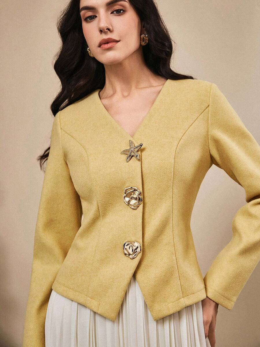 Omancia Women's Elegant Coat With Decorative Buttons, Waist Cinched Design, Suitable For Work, Dates, Afternoon Tea, Parties, Halloween, Thanksgiving, Teacher's Day - Yellow - View 1