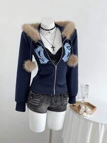Elamini Áo sweatshirt dài tay ôm dáng màu xanh hải quân in số 96, cổ lông xù, có quả bông trang trí, khóa kéo phía trước, dành cho nữ, phong cách thường ngày, đa năng, phù hợp cho mùa thu/đông, tối giản. - Màu xanh hải quân - Xem 4