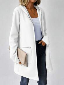 SHEIN LUNE 女式秋季长袖连帽夹克，落肩，卫衣材质，拉链装饰，中长款，休闲 - 白色 - 查看 3