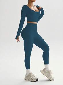 SHEIN Dewbera Conjunto de Roupa Esportiva Feminina de Cor Sólida, Gola Careca, Elástica, Primavera/Outono