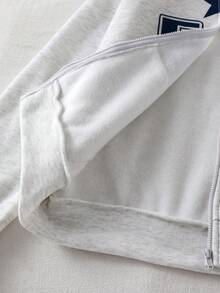 Tween Girls Knitted Light Gray Long Sleeve Hooded Sweatshirt Jacket With Pockets, Number 58 Print, Fashionable Casual Sporty Style, Suitable For Spring And Autumn - Grey - View 5