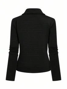 SHEIN Tall 女式纹理面料翻领拉链休闲机车夹克 - 黑色 - 查看 2