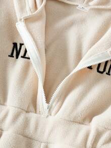 Genkimix Kids 年轻女孩休闲连帽拉链刺绣“NEW YORK”羊毛连体裤 - 杏色 - 查看 5