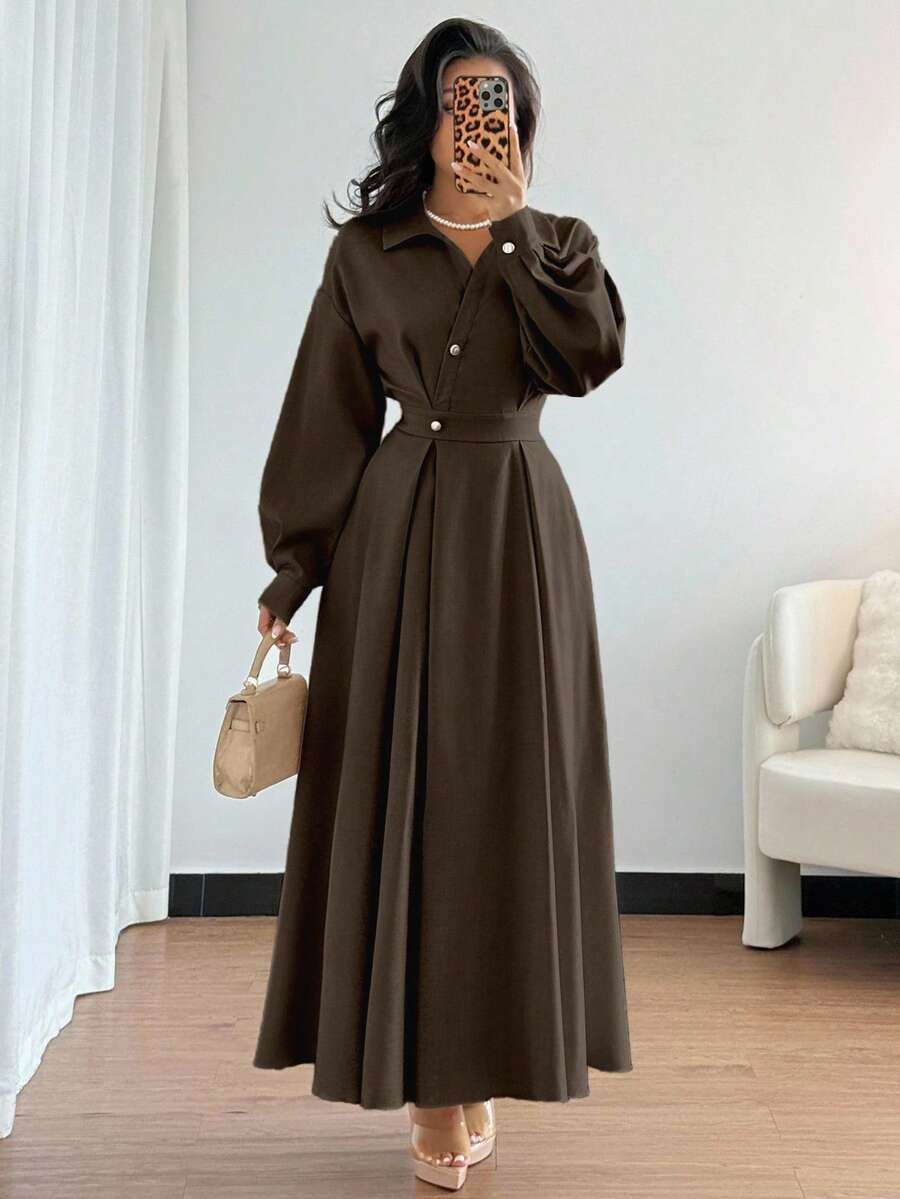 Rafferiza 女式翻领落肩长袖收腰 A 字裙，适合外出、度假、节假日和旅行 - 棕色 - 查看 1