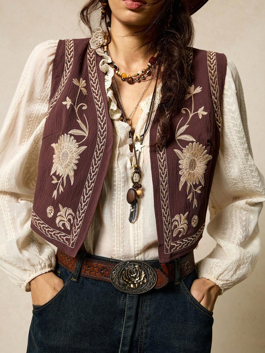 SoleilVie Áo khoác vest nhẹ hở trước thêu hoa dành cho nữ - Bụi tím - Xem 1