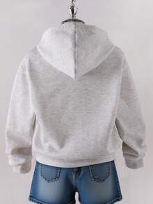 Tween Girls Knitted Light Gray Long Sleeve Hooded Sweatshirt Jacket With Pockets, Number 58 Print, Fashionable Casual Sporty Style, Suitable For Spring And Autumn - Grey - View 2