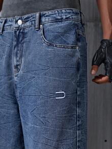 NEON BLANC Jeans rectos de pierna casual y holgada con bolsillo y estampado floral desgastado para hombre - Azul - Ver 4