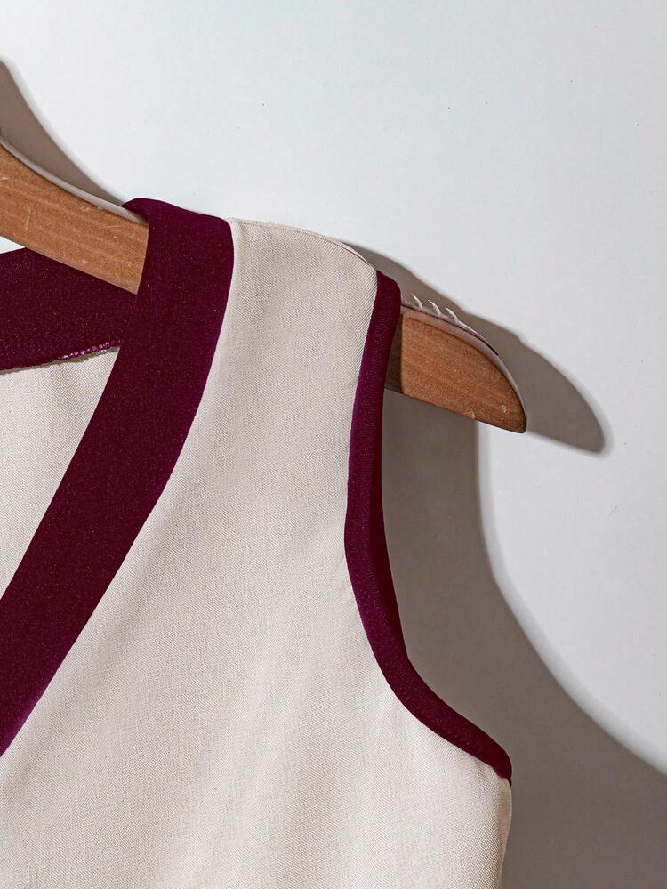 Franclia Women's Contrast Color Professional Suit, New Summer Office Commuter High-End Slim Fit Blazer Suit Set, 2 Pieces Wide Leg Pants Set Vest And Pants Set - Burgundy - View 5