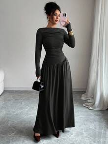 Elenzga 女士牛奶丝针织弹力露肩褶前腰 A 字宽松长袖超长连衣裙，优雅法式浪漫风格，适合办公室、休闲、派对、春/秋/冬 - 黑色 - 查看 6