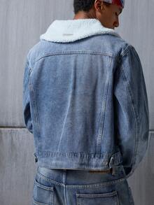 NEON BLANC Men's Casual Denim Jacket With Fur Collar, Long Sleeve, Single-Breasted, Autumn/Winter - Blue - View 2