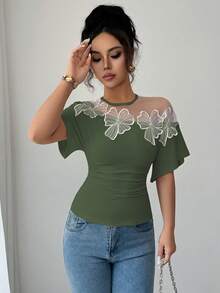 Selianne 女士优雅通勤网眼拼布 3D 花卉装饰 T 恤 - 軍綠色 - 查看 6
