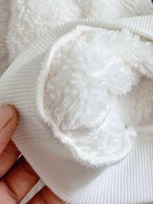 SHEIN 2 件套女婴兔子刺绣连帽衫，配有兔耳朵和白色毛绒滚边，红白条纹裤套装，时尚可爱 - 咖啡棕 - 查看 6