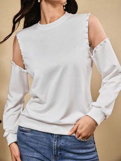 Omancia Women's Elegant Winter Top, White Pearl Mesh Patchwork Fashion Long Sleeve Sweatshirt, Suitable For Christmas, New Year, Thanksgiving, Autumn/Winter