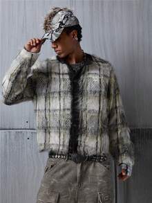 NEON BLANC Męski sweter kardigan z polaru w kratę, długi rękaw, otwarty przód, swobodny, jesień/zima, wełna