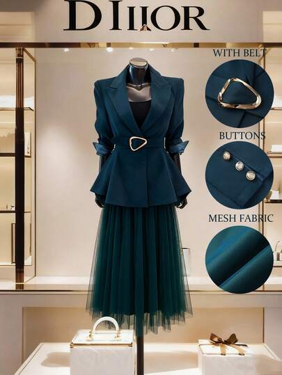 GlowEve 1 Button Design Belted Blazer & A-Line MesSkirtrt Elegant Outfit, Suitable For Commute, Casual, Business, Holiday, Vintage French Street Style, Navy Blue Blazer & Skirt, 2 Piece Suit Set For Autumn/Winter