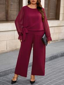 EMERY ROSE 2件套大码女式休闲雪纺纯色圆领抽绳下摆宽松长袖衬衫和长直筒裤套装 - 酒紅色 - 查看 1