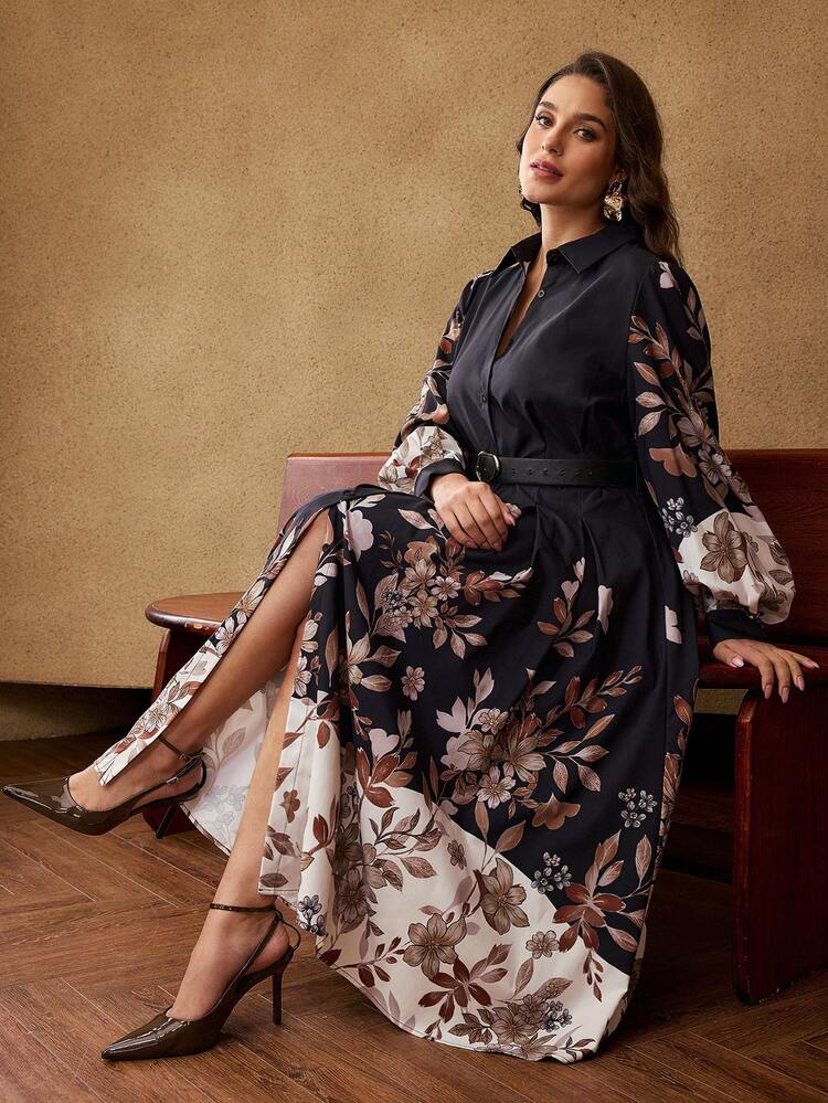 VESTIDO ELEGANTE DE LONGITUD MEDIA CON CINTURA CEÑIDA, CUELLO DE CAMISA, BOTONES Y ESTAMPADO FLORAL PARA MUJER TALLA GRANDE (CON CINTURÓN)