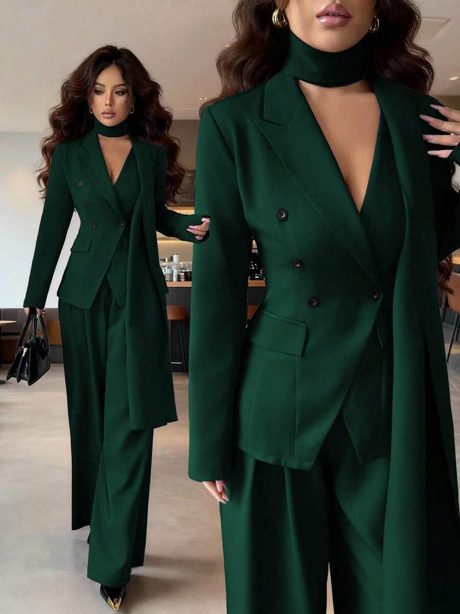 SHEIN Elenzya Women's Thick Feeling Blazer Collar Asymmetric Lapel Design Waist Cinched Long Sleeve Casual Jacket & Wide Leg Pants Set, Elegant & Sophisticated, Suitable For Work, Dates, Parties, Holidays, Fall Season